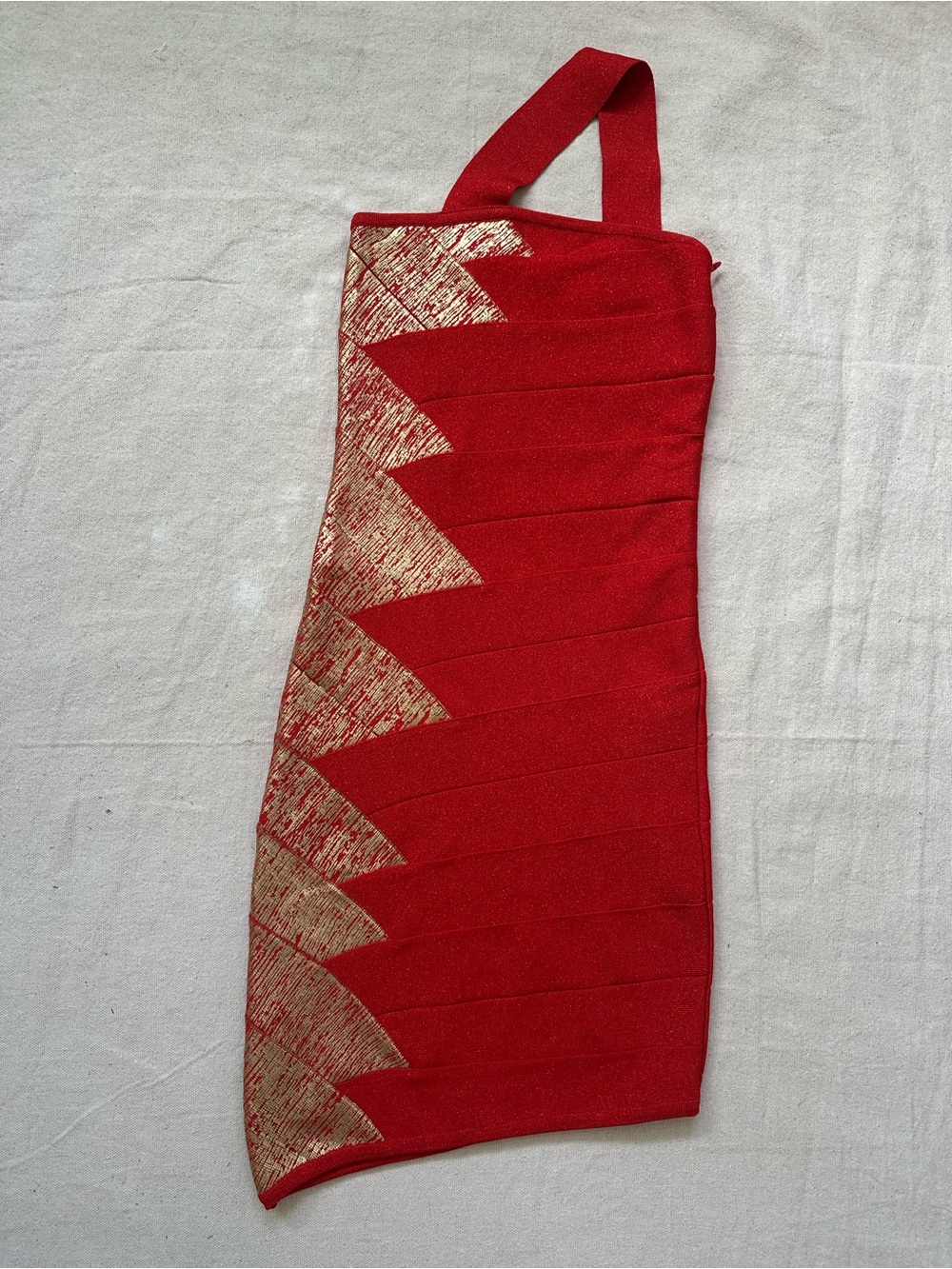Bebe Addiction Red/Gold Foil Bandage Mini Dress Halter Neck Asymmetrical Hem XS - Picture 2 of 11